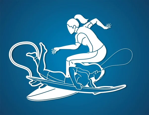 Surf Deporte Surfer Mujer Jugadores Acción Dibujos Animados Vector Gráfico — Archivo Imágenes Vectoriales