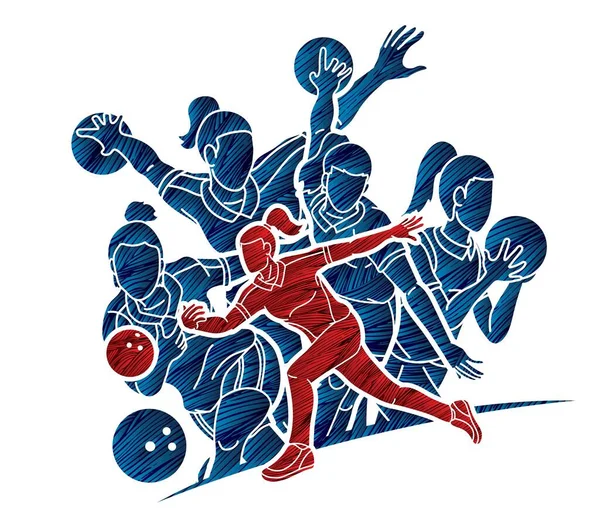 Bowling Sport Hráči Ženy Bowler Akční Karikatura Grafický Vektor — Stockový vektor