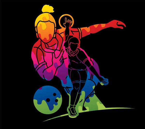 Bowling Sport Players Women Bowler Action Cartoon Graphic Vector