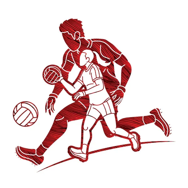 Gaélico Fútbol Deporte Masculino Femenino Jugadores Mezcla Acción Dibujos Animados — Vector de stock