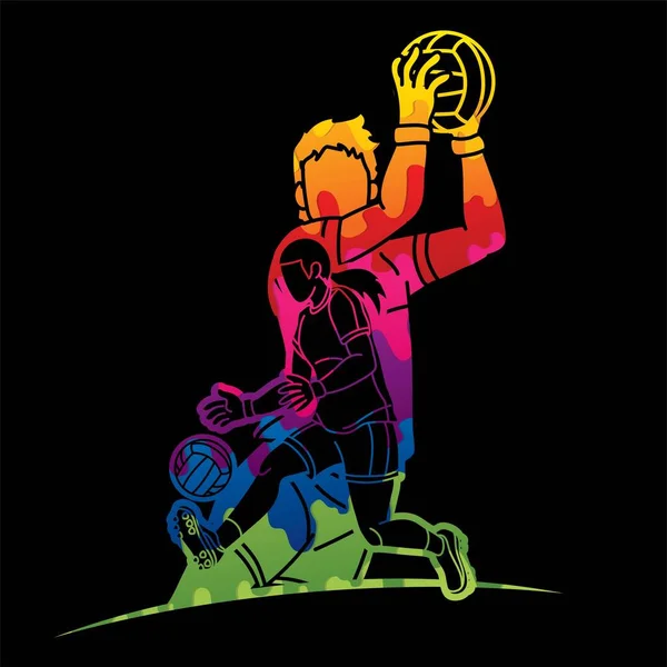 Football Gaélique Sport Joueurs Masculins Féminins Mélange Action Cartoon Graphic — Image vectorielle