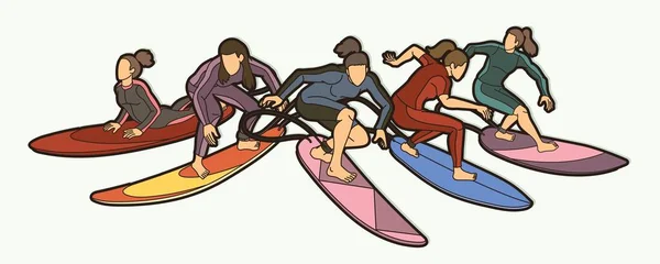 Surf Sport Surfista Jogadoras Femininas Ação Desenhos Animados Vetor Gráfico — Vetor de Stock