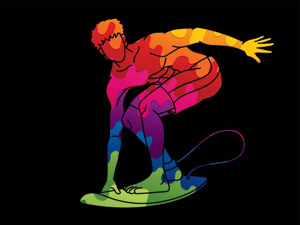 Surf Sport Man Surfista Ação Cartoon Vetor Gráfico — Vetor de Stock