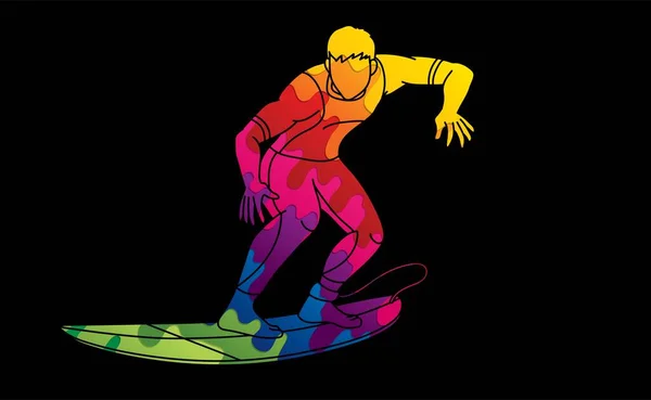 Surf Deporte Hombre Surfer Acción Dibujos Animados Vector Gráfico — Archivo Imágenes Vectoriales