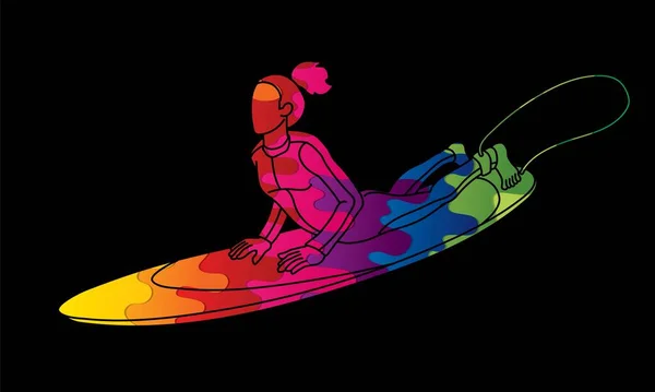 Surf Sport Femme Surfeur Action Cartoon Graphic Vector — Image vectorielle