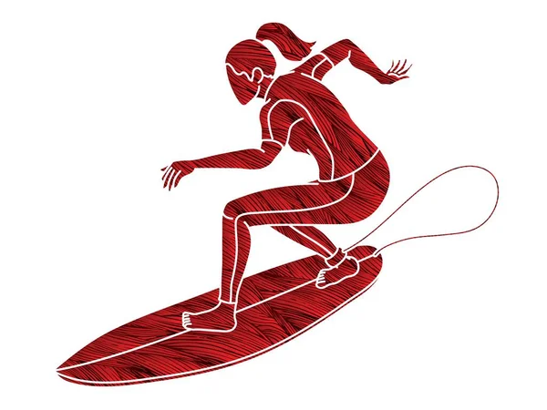 Surf Deporte Mujer Surfer Acción Dibujos Animados Vector Gráfico — Archivo Imágenes Vectoriales