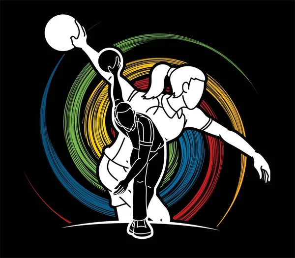 ボウリングスポーツ選手ボウラー男性と女性アクション漫画グラフィックベクター — ストックベクタ