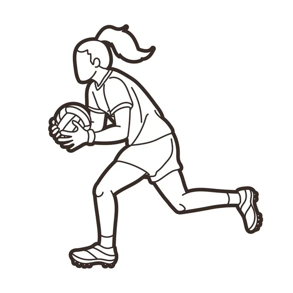 Gaélico Fútbol Deporte Jugador Femenino Acción Dibujos Animados Vector Gráfico — Vector de stock