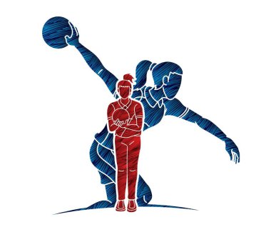 Bowlingci Bowling Kadın Oyuncuları Grubu Çizgi Film Çizgi Filmi Vektörü