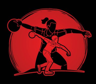 Bowling Spor Oyuncuları Bowlingci Erkek ve Kadın Eylem Çizgi Filmi Grafik Vektörü