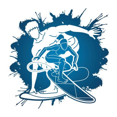 Sörfçü Spor Adamı ve Kadın Oyuncuların Sörf Eylem Grubu Çizgi Film Vektörü