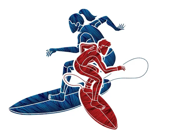 サーフィンスポーツマンと女性選手のサーファーアクショングループ漫画グラフィックベクトル — ストックベクタ
