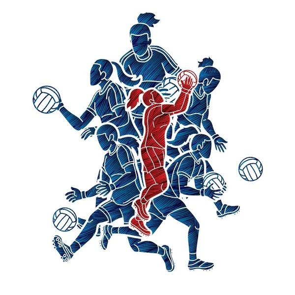 Groupe Joueuses Football Gaélique Sport Action Cartoon Graphic Vector — Image vectorielle