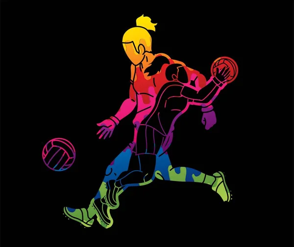 Galyalı Futbolcu Kadın Oyuncular Grubu Spor Eylem Çizgi Filmi Grafik — Stok Vektör