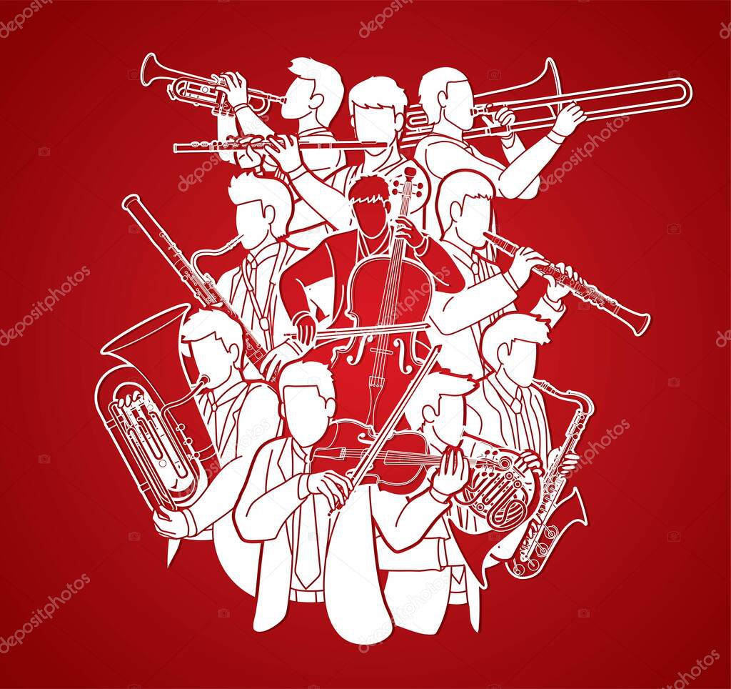 Group of Musician Team Orchestra Instrument Cartoon Graphic Vector