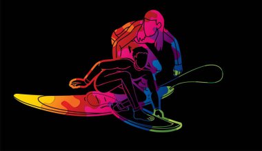 Sörfçü Eylem Grubu Spor Adamı ve Kadın Oyuncular Çizgi Film Vektörü