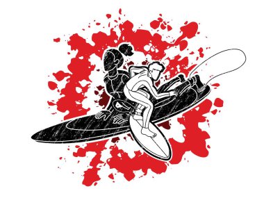 Sörfçü Eylem Grubu Spor Adamı ve Kadın Oyuncular Çizgi Film Vektörü