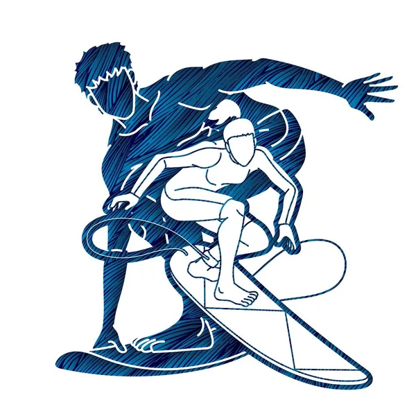 冲浪运动团体冲浪运动的男女运动员卡通形象矢量 — 图库矢量图片