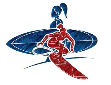 Kadın Sörfçü Eylem Sörf Sporcusu Kadın Oyuncular Çizgi Film Vektörü