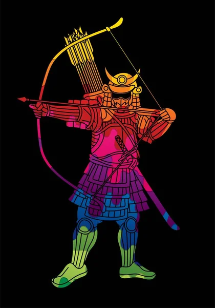 Samurai Guerrero Con Arco Acción Japonés Fighter Archer Cartoon Vector — Vector de stock