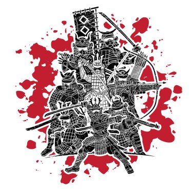 Silah Eylem Çizgi Filmi Grafik Vektörlü Samuray Savaşçısı Grubu