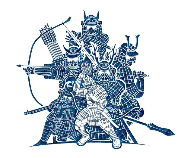 Gruppo Samurai Guerriero Con Armi Azione Cartoon Graphic Vector — Vettoriale Stock