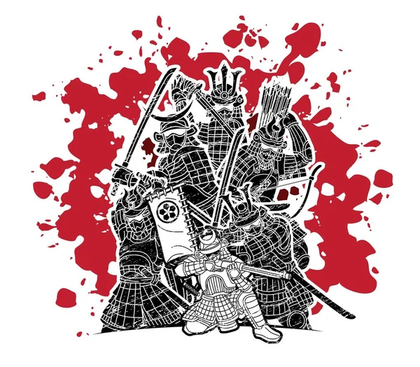 Gruppo Samurai Guerriero Con Armi Azione Cartoon Graphic Vector — Vettoriale Stock