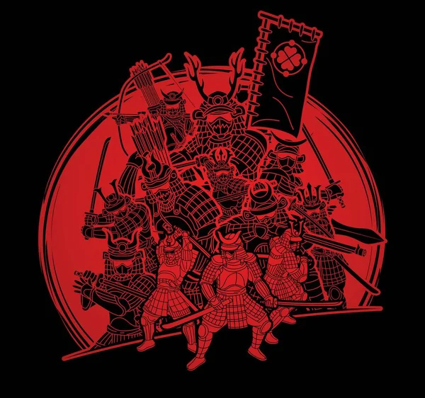 Группа Самурайского Воина Карикатурным Вектором Действия Оружия — стоковый вектор