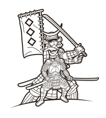 Bir grup Samuray Japon Savaşçı Ronin Silah Eylem Çizgi Filmi Grafik Vektörü