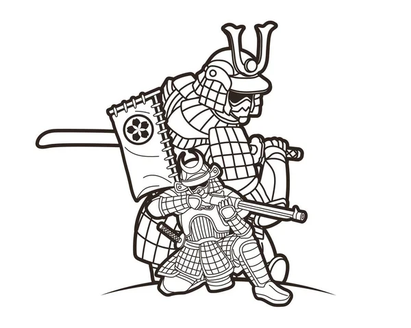 Gruppo Samurai Guerriero Giapponese Ronin Con Armi Azione Cartoon Graphic — Vettoriale Stock