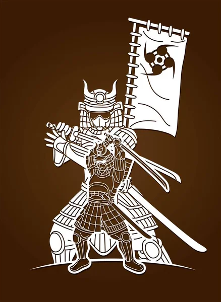 Grupo Samuráis Guerrero Japonés Ronin Con Armas Acción Dibujos Animados — Vector de stock