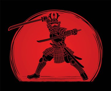 Samuray Savaşçısı ve Silah Çizgi film Vektörüyle Savaşmaya Hazır