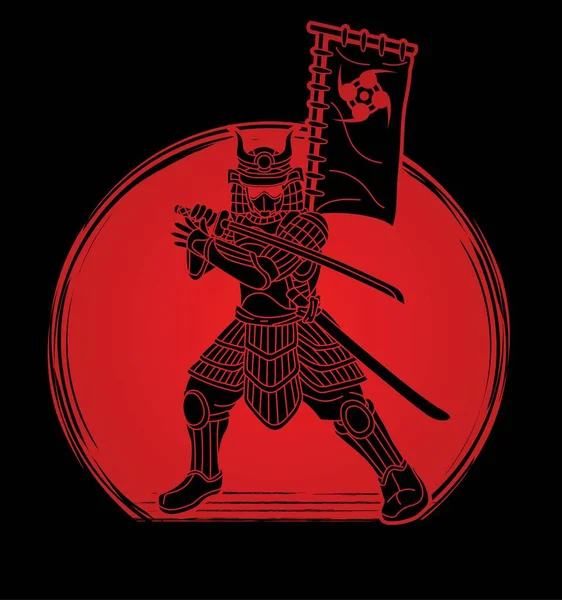 Samurai Guerrero Con Arma Listo Para Luchar Acción Dibujos Animados — Vector de stock