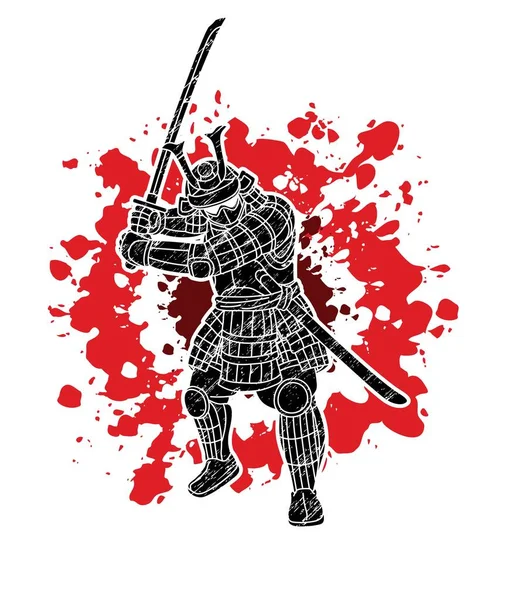 Samurai Strijder Met Zwaard Wapen Klaar Vechten Actie Cartoon Grafische — Stockvector