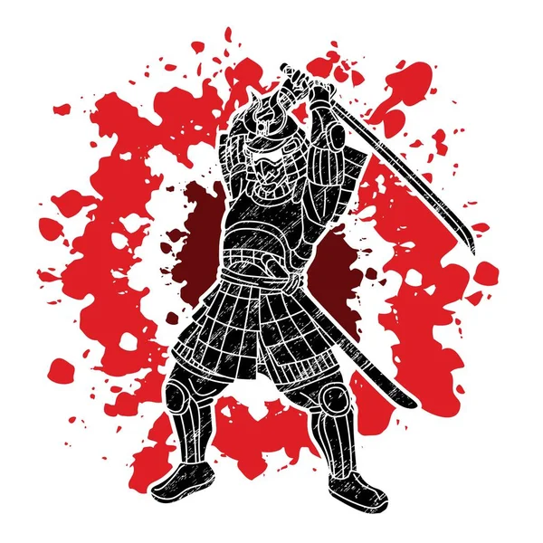 Samurai Warrior Sword Weapon Ready Fight Action Cartoon Graphic Vector — 스톡 벡터