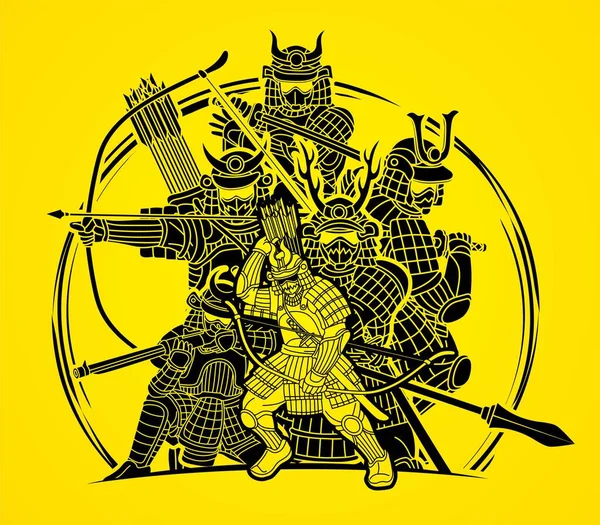 Samurai Warriors Weapons Action Group Ronin Japonais Fighter Cartoon Graphic — Image vectorielle