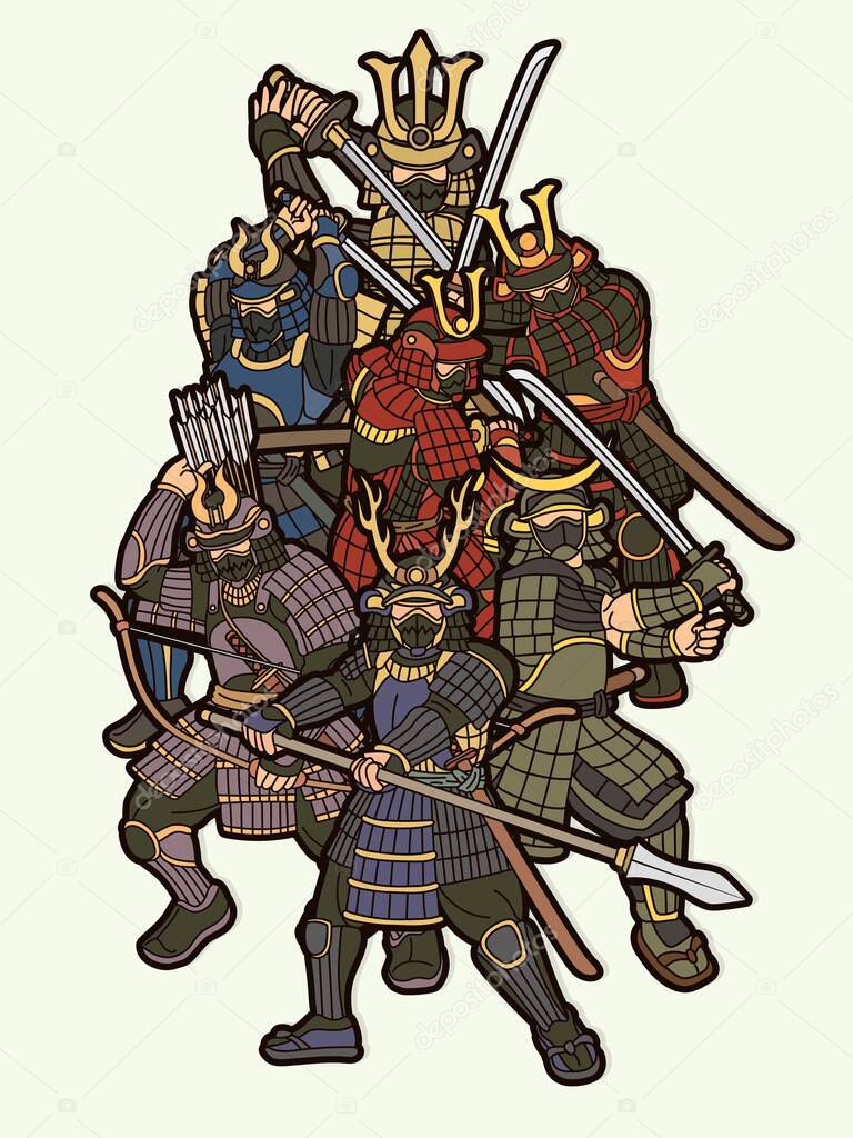Samurai Warriors with Weapons Action Group of Ronin Japanese Fighter Cartoon Graphic Vector