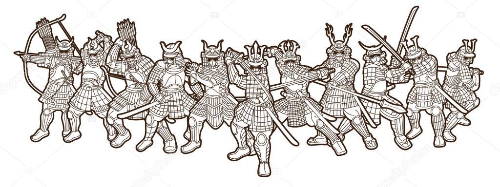 Samurai Warriors with Weapons Action Group of Ronin Japanese Fighter Cartoon Graphic Vector