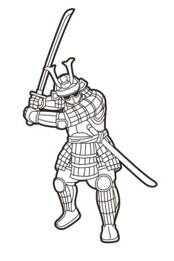 Silahlı Samuray Savaşçısı ve Zırhlı Ronin Japon Asker Savaşçısı Grafik Vektör Eylemi