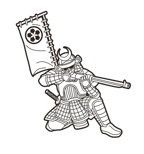 Samuraj Bojovník Pistolí Zbraň Brnění Ronin Japonský Voják Bojovník Akční — Stockový vektor