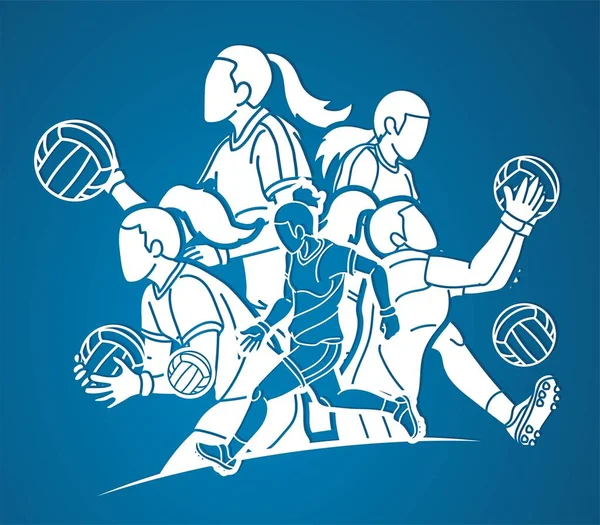 Gaelský Fotbal Ženy Hráči Sportovní Mix Akce Karikatura Grafický Vektor — Stockový vektor