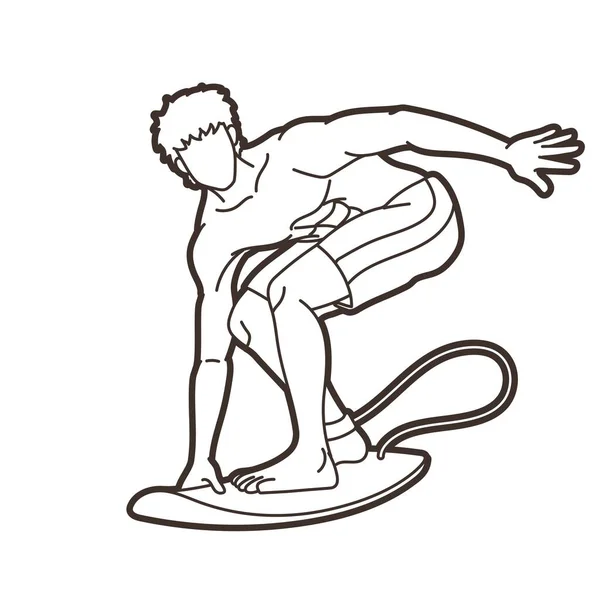 Hombre Surfer Surf Deporte Acción Dibujos Animados Vector Gráfico — Archivo Imágenes Vectoriales