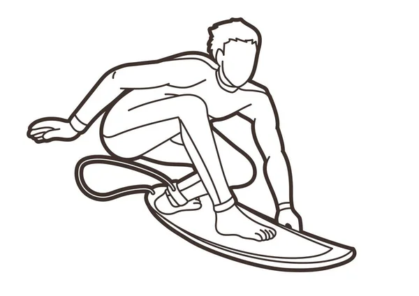 Man Surfing Sport Akció Rajzfilm Grafikus Vektor — Stock Vector