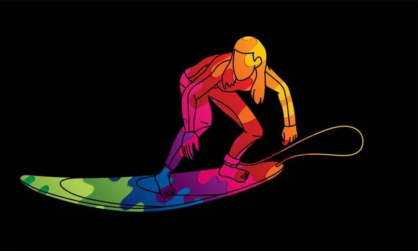 Woman Surfer Surfing Sport Action Cartoon Graphic Vector — Stock Vector