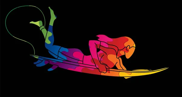 Mujer Surfer Surf Deporte Acción Dibujos Animados Vector Gráfico — Archivo Imágenes Vectoriales