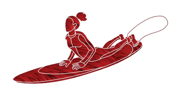 Mujer Surfer Surf Deporte Acción Dibujos Animados Vector Gráfico — Archivo Imágenes Vectoriales