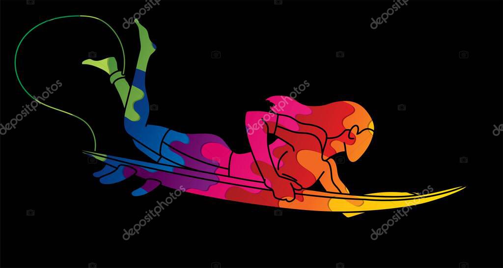 Woman Surfer Surfing Sport Action Cartoon Graphic Vector