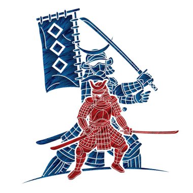 Samuray Savaşçısı Ronin ve Silah ve Zırh Hareketi Çizgi film Vektörüyle Savaşmaya Hazır