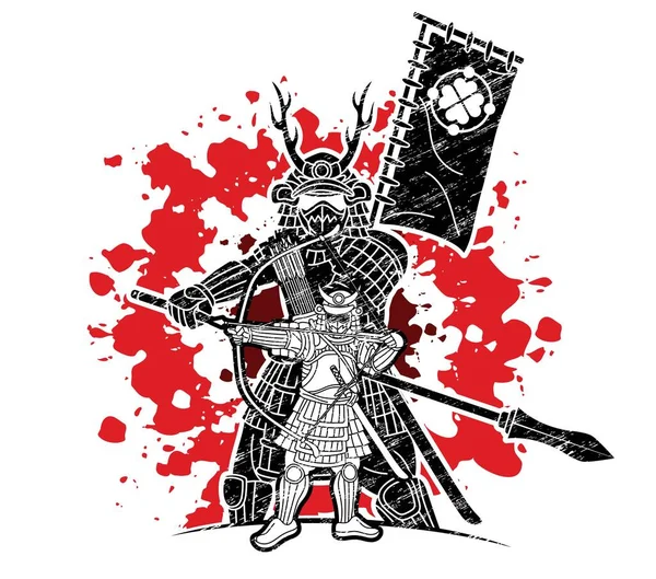 Grupo Samurai Guerrero Ronin Con Arma Armadura Acción Listo Para — Vector de stock