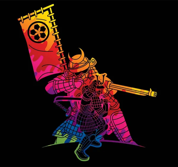 Grupp Samurai Krigare Ronin Med Vapen Och Rustning Åtgärd Redo — Stock vektor